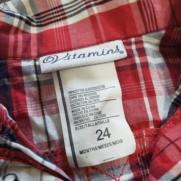Fancy Plaid Button Up Shirt Collared 24 Month Size 100% Cotton Red Like new - Picture 6 of 7